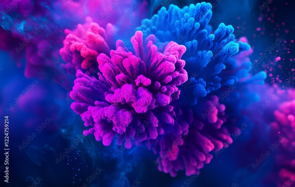 Fototapeta premium Color explosion of magenta and cyan on dark blue background 