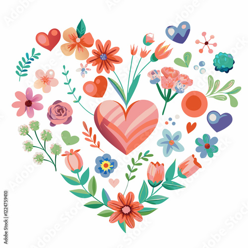 Floral heart design with colorful flowers and hearts. (2)