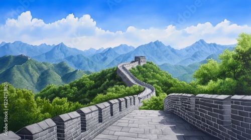 Majestic Wall Winding Through Mountains - Panoramic view of a long wall snaking through lush green mountains under a bright blue sky.