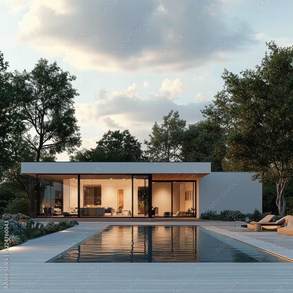 Fototapeta premium A large white house with a pool and a large glass door