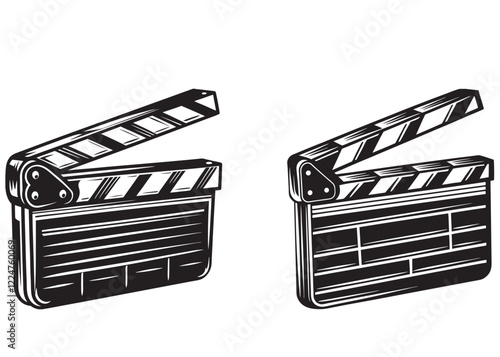 movie clapper vector silhouette logo, cinema clapperboard silhouette, clapper board logo icon vector, movie clapper icon on black and white vector backgrounds