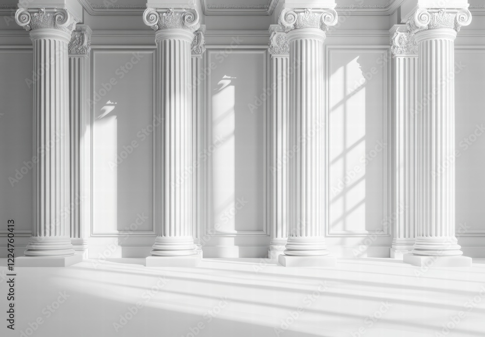 The image is a white room with four pillars, giving it a grand and elegant feel The image is a white room with four pillars, giving it a grand and elegant feel