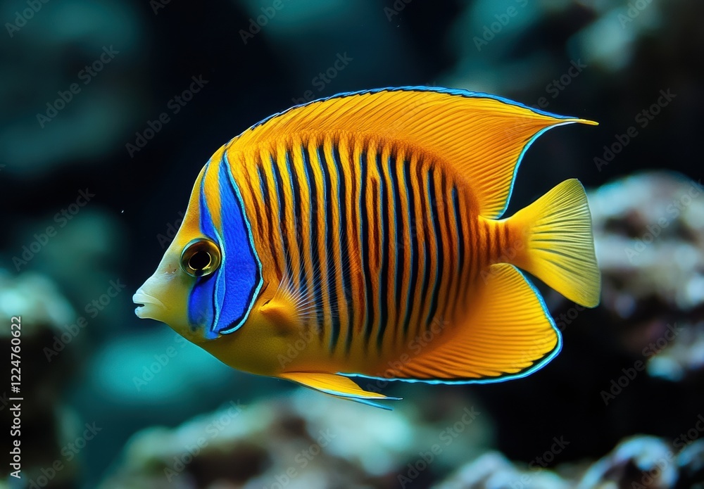 Naklejka premium A beautiful fish with blue and yellow stripes swims in the ocean