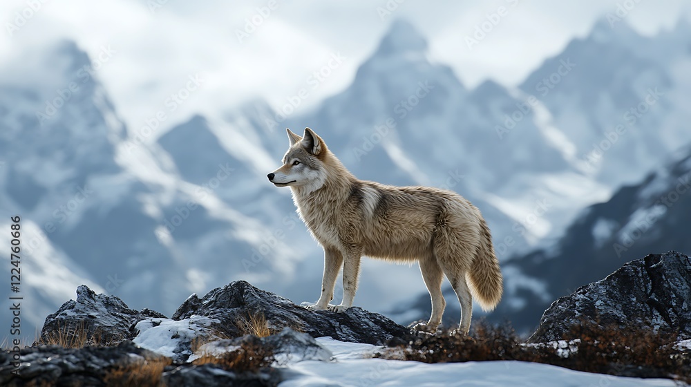Fototapeta premium Solitary wolf standing snowy mountain with majestic peaks glowing brightly in soft colorful serene vibrant glowing golden evening light