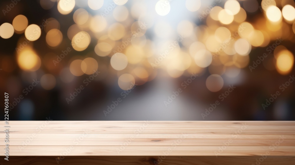 A Serene Blank Wooden Table Top with a Beautiful Soft Focus Background of Blurred Lights for Creative and Professional Use A Serene Blank Wooden Table Top with a Beautiful Soft Focus Background of Blurred Lights for Creative and Professional Use