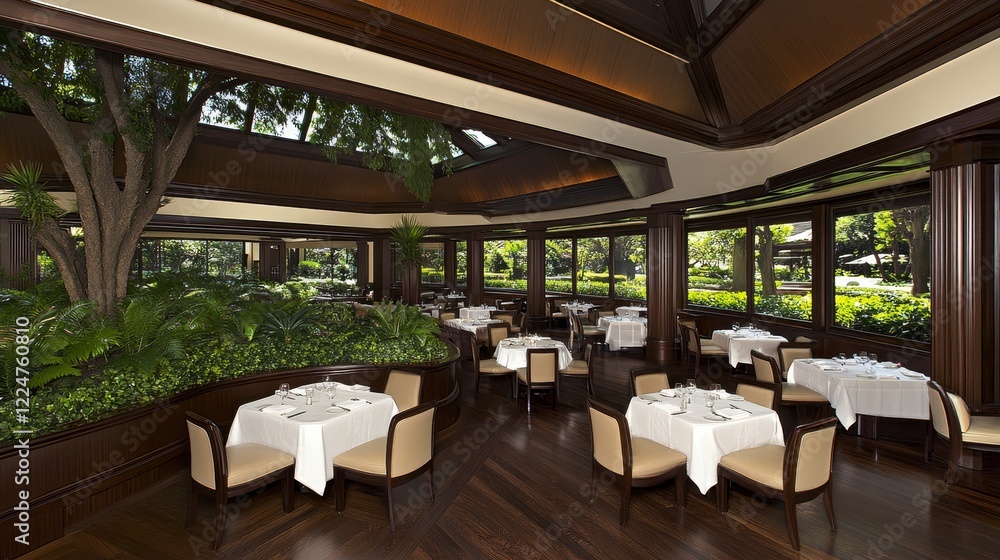 Fototapeta premium Elegant Restaurant Interior with Lush Greenery and Sunlight