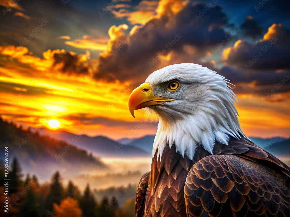Fototapeta premium Majestic Bald Eagle in Profile, Soaring Above a Vast Landscape