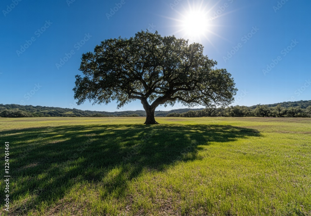 Obraz premium A large tree is in the middle of a field with a bright sun shining on it