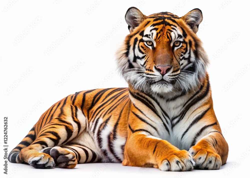 Majestic Bengal Tiger Resting, Isolated on White Background - Wildlife Stock Photo Majestic Bengal Tiger Resting, Isolated on White Background - Wildlife Stock Photo