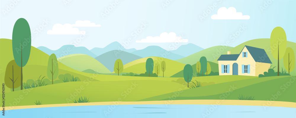Fototapeta premium House by the lake against the backdrop of mountains and hills. House on the shore of a beautiful lake. Rural landscape. Home in nature. Landscape with lake, mountains, hills, forest, fields, meadows.