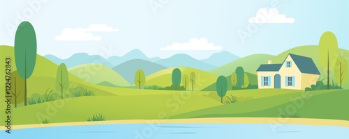 
House by the lake against the backdrop of mountains and hills. House on the shore of a beautiful lake. Rural landscape. Home in nature. Landscape with lake, mountains, hills, forest, fields, meadows.
