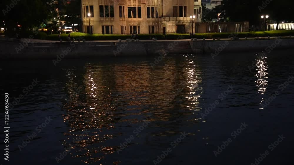 Motoyasu River and skeletal ruins of the A-Bomb Dome at dusk, Hypocenter, Hiroshima Peace Memorial, UNESCO, Hiroshima, Honshu, Japan Motoyasu River and skeletal ruins of the A-Bomb Dome at dusk, Hypocenter, Hiroshima Peace Memorial, UNESCO, Hiroshima, Honshu, Japan