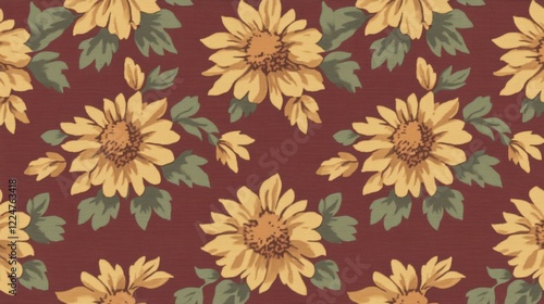 Wallpaper Mural Elegant Sunflower Pattern on Burgundy Background Floral Textile Design Torontodigital.ca