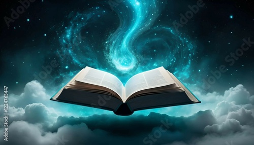 Open book with glowing blue magical energy and mist rising, symbolizing imagination, fantasy, and the power of untold stories photo