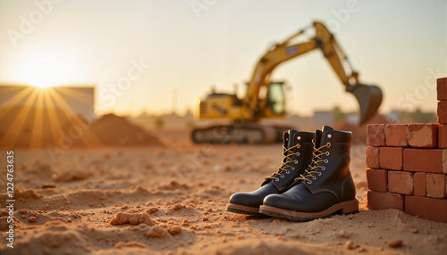 Work boots on sand with construction excavator in background, Labor Day Theme