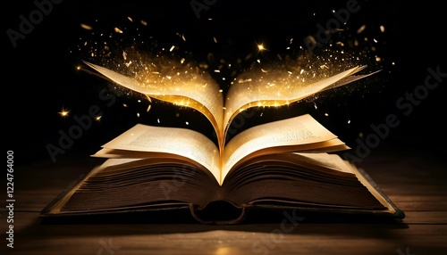 Open book with glowing golden sparks radiating magic, symbolizing imagination, creativity, and the power of untold stories.