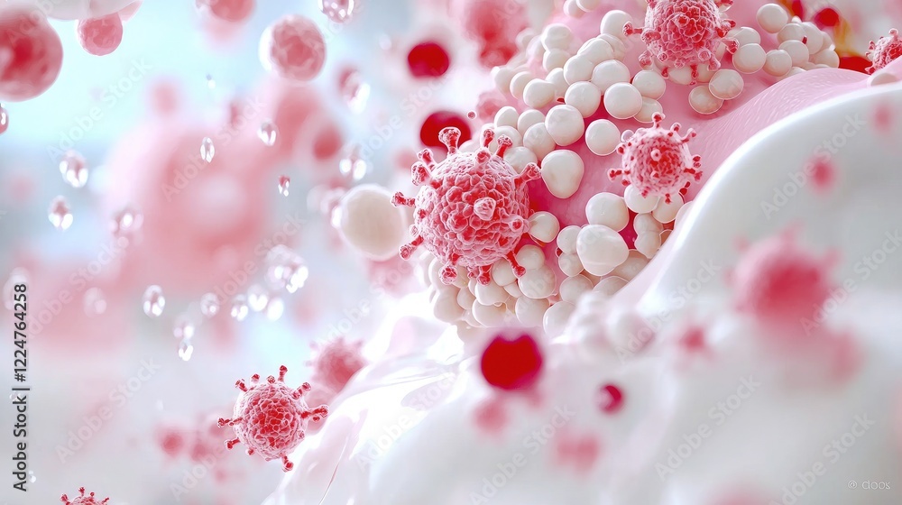 Obraz premium Microscopic virus particles with red spikes attacking white cell structures in a medical 3D illustration.