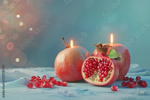 Jewish New Year, rosh hashanah, design concept on paper,Pomegranate and apple-shaped candles design, extreme right third of an image, placeholder 