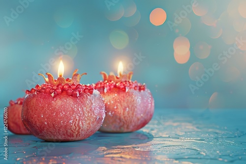 Jewish New Year, rosh hashanah, design concept on paper,Pomegranate and apple-shaped candles design, extreme right third of an image, placeholder 
