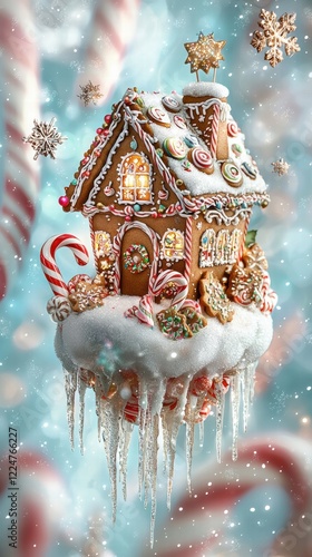 Enchanted gingerbread house on a magical snowflake dreamscape