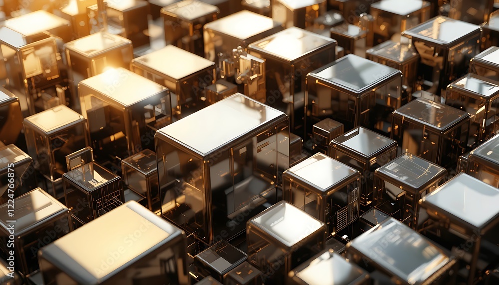 Golden Glass Cubes Abstract Digital Cityscape Golden Glass Cubes Abstract Digital Cityscape