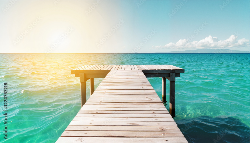 Wooden dock extending into turquoise ocean under bright sunlight, Spring break theme Wooden dock extending into turquoise ocean under bright sunlight, Spring break theme