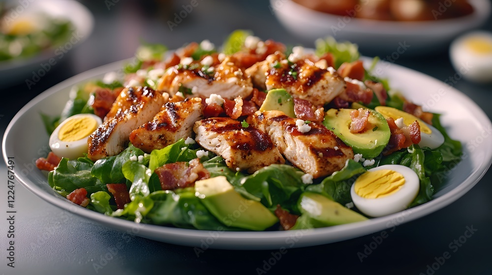 A Gourmet-Style Cobb Salad Elegantly Plated on a White Dish, Showcasing a Culinary Delight A Gourmet-Style Cobb Salad Elegantly Plated on a White Dish, Showcasing a Culinary Delight