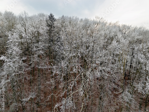 Winter landscape in Germany with frozen frost on trees and fields, drone shot photo