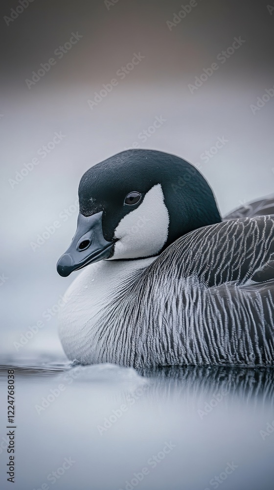Fototapeta premium A close-up of a barnacle goose resting on the icy shoreline of a lake in Patagonia, with soft light reflecting off the water.