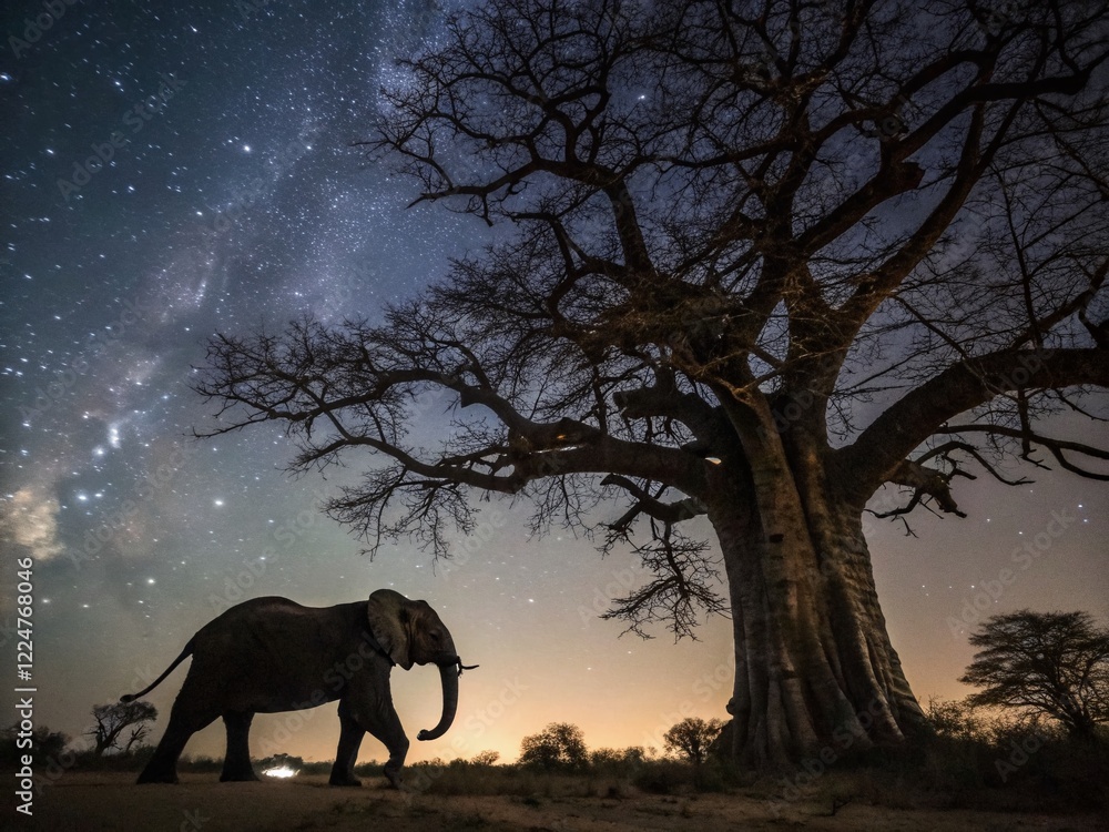 Fototapeta premium Majestic Elephant Silhouette at Night, Underneath Ancient Tree