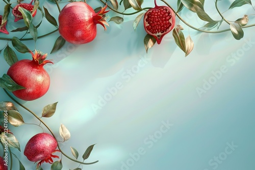 Jewish New Year, rosh hashanah, design concept on paper,Pomegranate and apple-shaped garland design, extreme right third of an image, placeholder 