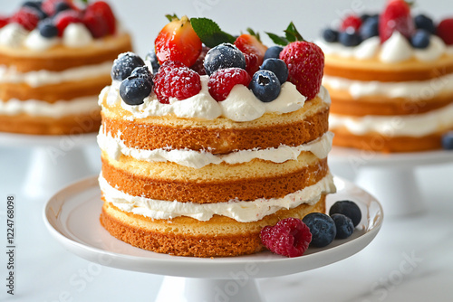 Wallpaper Mural A beautifully layered cake topped with fresh berries and mint leaves, set on a white plate in a bright kitchen Torontodigital.ca