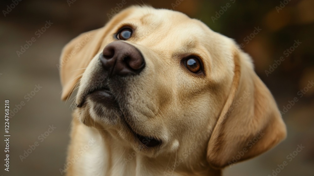 Close-up portrait of a light yellow Labrador Retriever dog looking up. Close-up portrait of a light yellow Labrador Retriever dog looking up.
