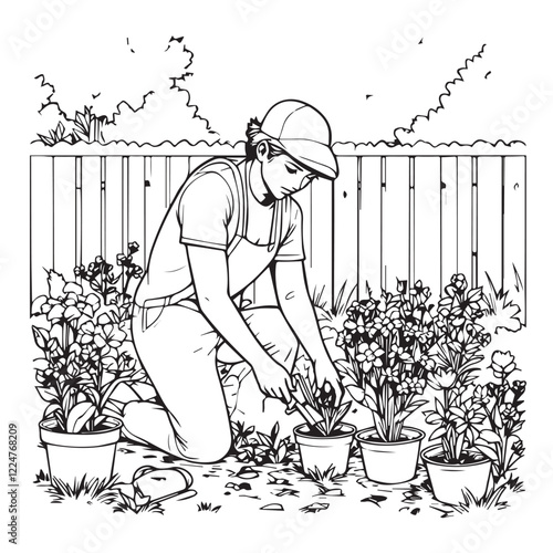 A person gardening in their backyard, planting flowers with tools in black and white outline

A person gardening in their backyard, planting flowers with tools in black and white outline