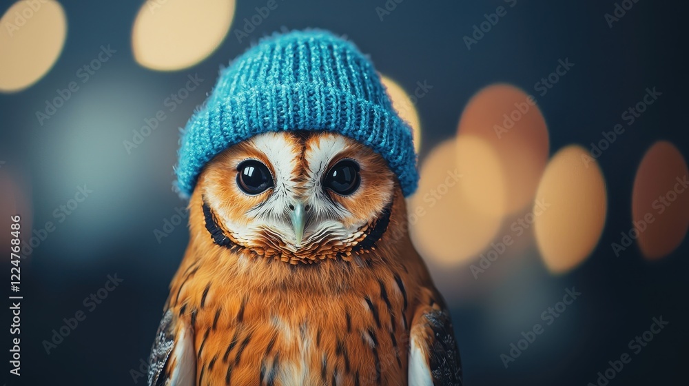 Obraz premium Adorable Owl Wearing A Blue Knitted Hat