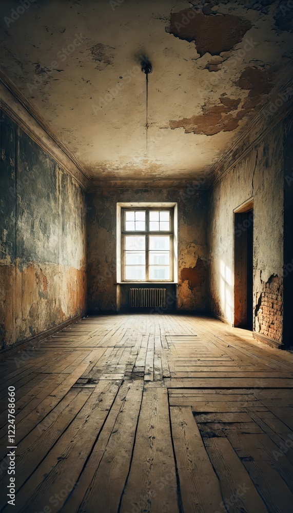 Obraz premium An empty apartment in need of renovation featuring a bare room with peeling paint cracked walls and an old wooden floor.