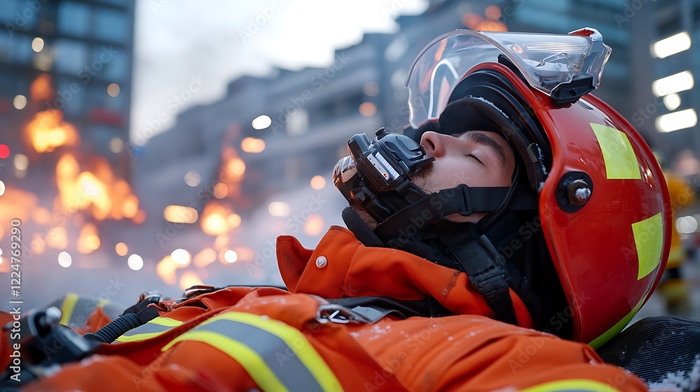 Exhausted Firefighter After Intense Urban Fire Exhausted Firefighter After Intense Urban Fire