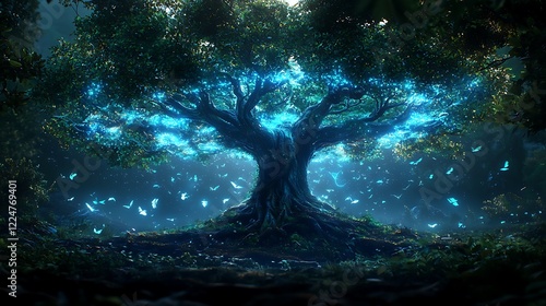 Glowing ancient tree in dark forest; fantasy background; digital art; game design