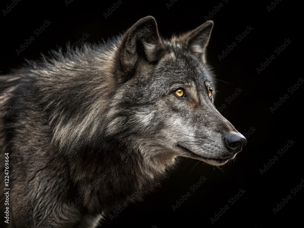 Obraz premium Majestic Grey Wolf Portrait: Black Background Wildlife Photography