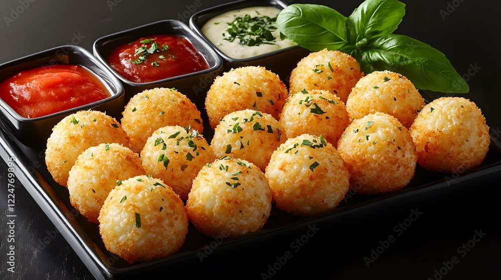 A Gourmet Platter of Arancini with Fresh Basil and Colorful Dipping Sauces for an Elegant Culinary Event A Gourmet Platter of Arancini with Fresh Basil and Colorful Dipping Sauces for an Elegant Culinary Event