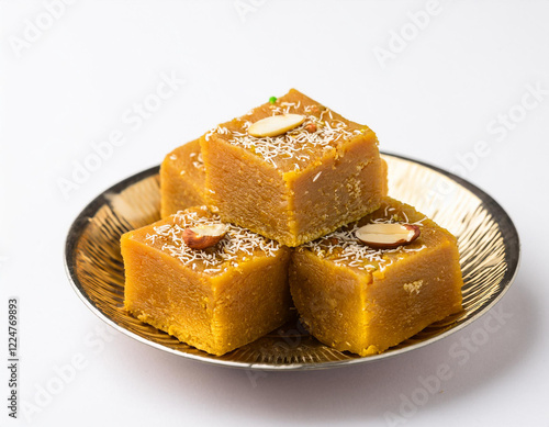 Mysore pak is an Indian sweet prepared in ghee. It originated in the city of Mysuru photo