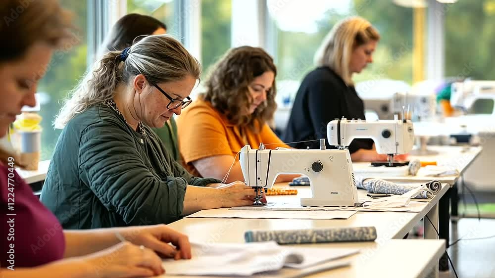 Creative individuals immersed in sewing activities within a vibrant craft room. Creative individuals immersed in sewing activities within a vibrant craft room.