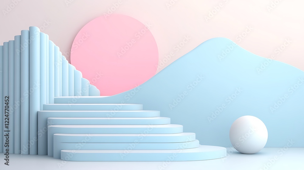 Pastel Blue Staircase Scene with Pink Circle and White Sphere Pastel Blue Staircase Scene with Pink Circle and White Sphere