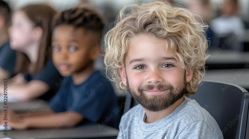 Boy smiles in classroom, peers in background, education Boy smiles in classroom, peers in background, education