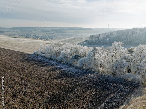Photos Winter landscape in Germany with frozen frost on trees and fields, drone shot