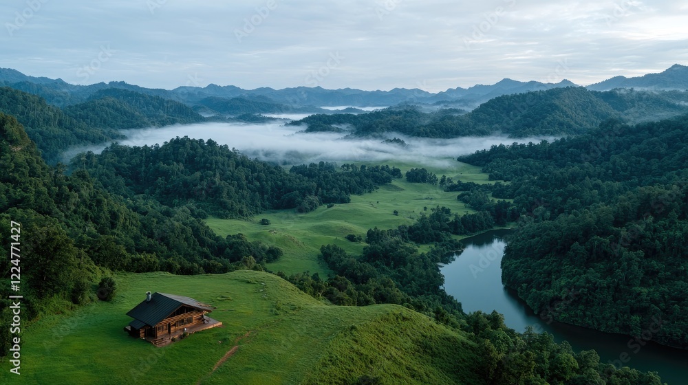 Obraz premium Wooden cabin sits on a green grassy hill overlooking a winding river and misty mountain valley at dawn.