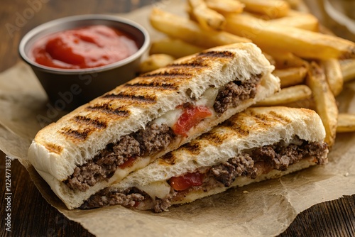 Grilled sandwich with ground meat and cheese served with french fries and ketchup on wood table