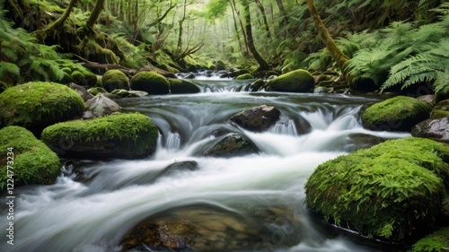 Enchanting stream flows through a lush mossy forest showcasing the beauty of nature