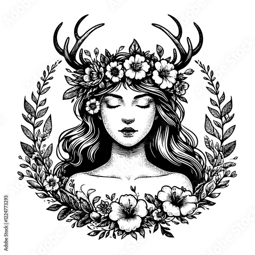 Flower and antler on girl head engraving black and white outline. Scratch board imitation.  illustrated in vintage line art style on a white background.