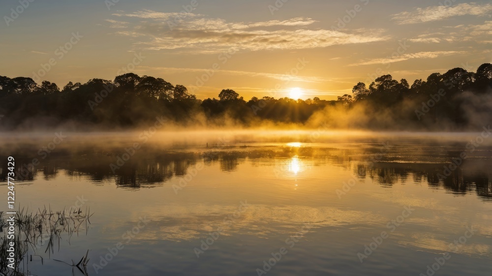Fototapeta premium Golden sunrise illuminates a misty lake with silhouetted trees and smooth reflections